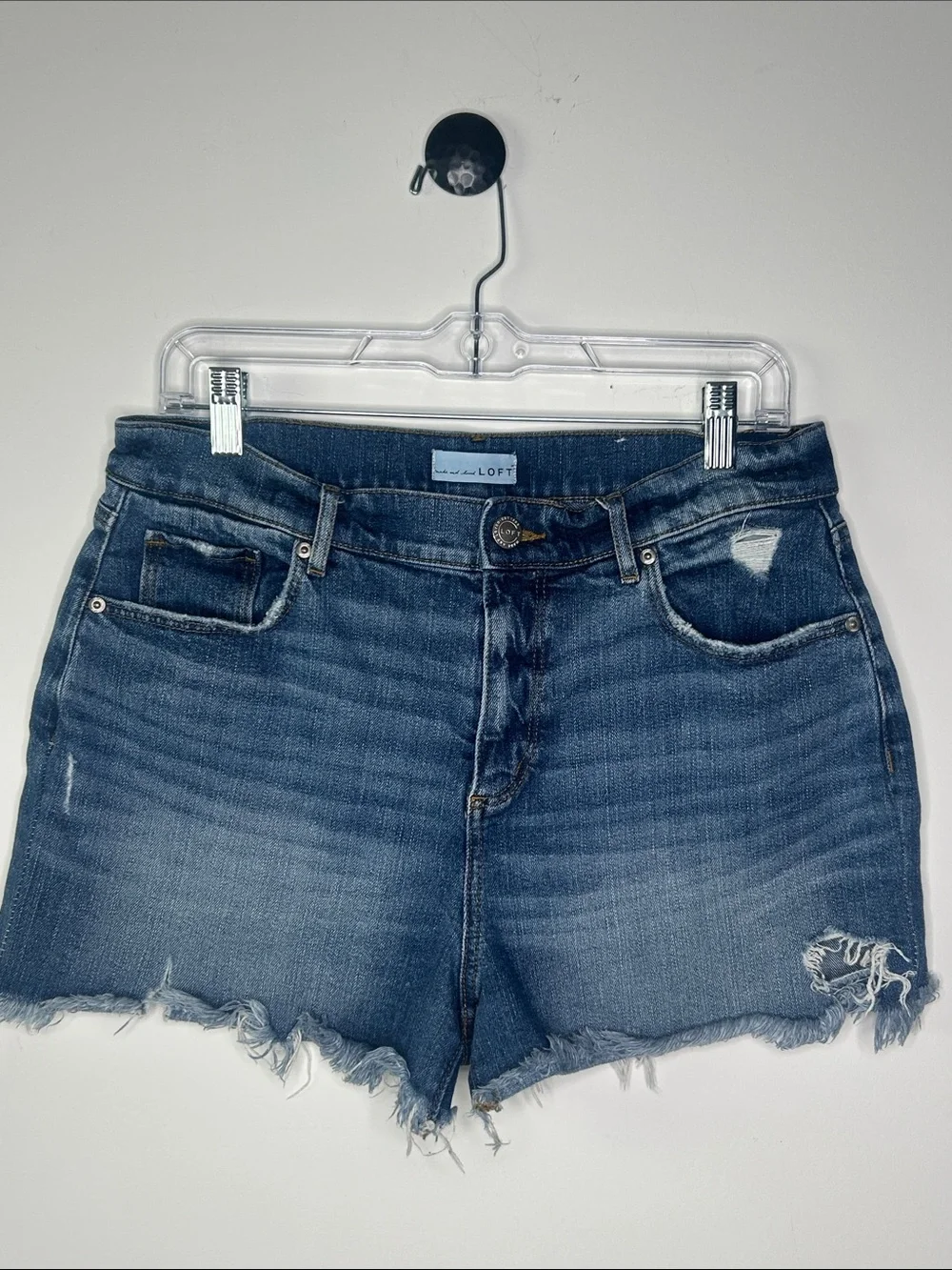LOFT Made & Loved High Rise Distressed Raw Hem Denim Shorts Size 29 / 8